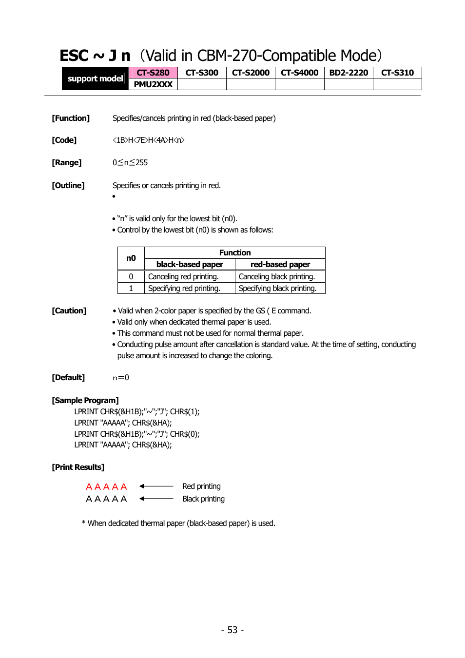 Esc ~ j n （valid in cbm-270-compatible mode, Esc ~ j n （ valid in cbm-270-compatible mode, Esc ~ j | Citizen Systems BD2-2220 User Manual | Page 53 / 312