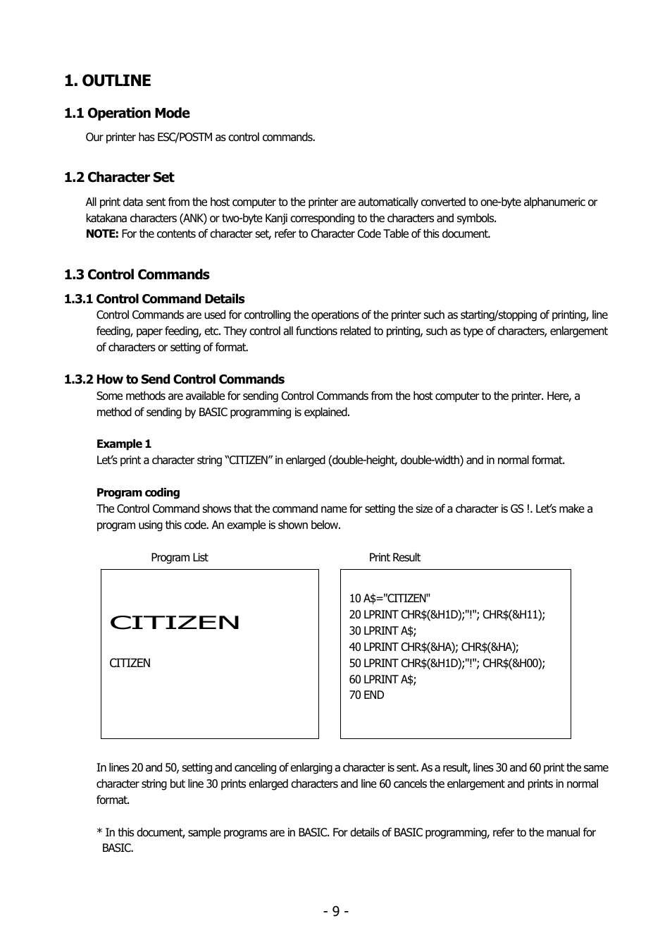 Outline, 1 operation mode, 2 character set | 3 control commands, 1 control command details, 2 how to send control commands, Peration, Haracter, Ontrol, Ommands | Citizen Systems BD2-2220 User Manual | Page 9 / 312