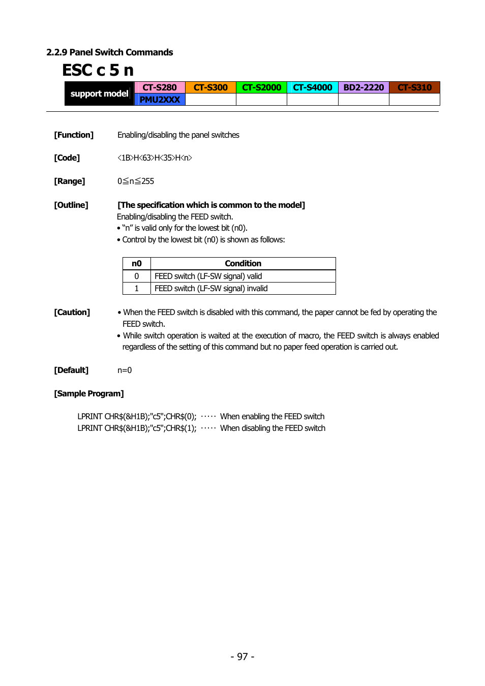 9 panel switch commands, Esc c 5 n, Esc c 5 | Citizen Systems BD2-2220 User Manual | Page 97 / 312