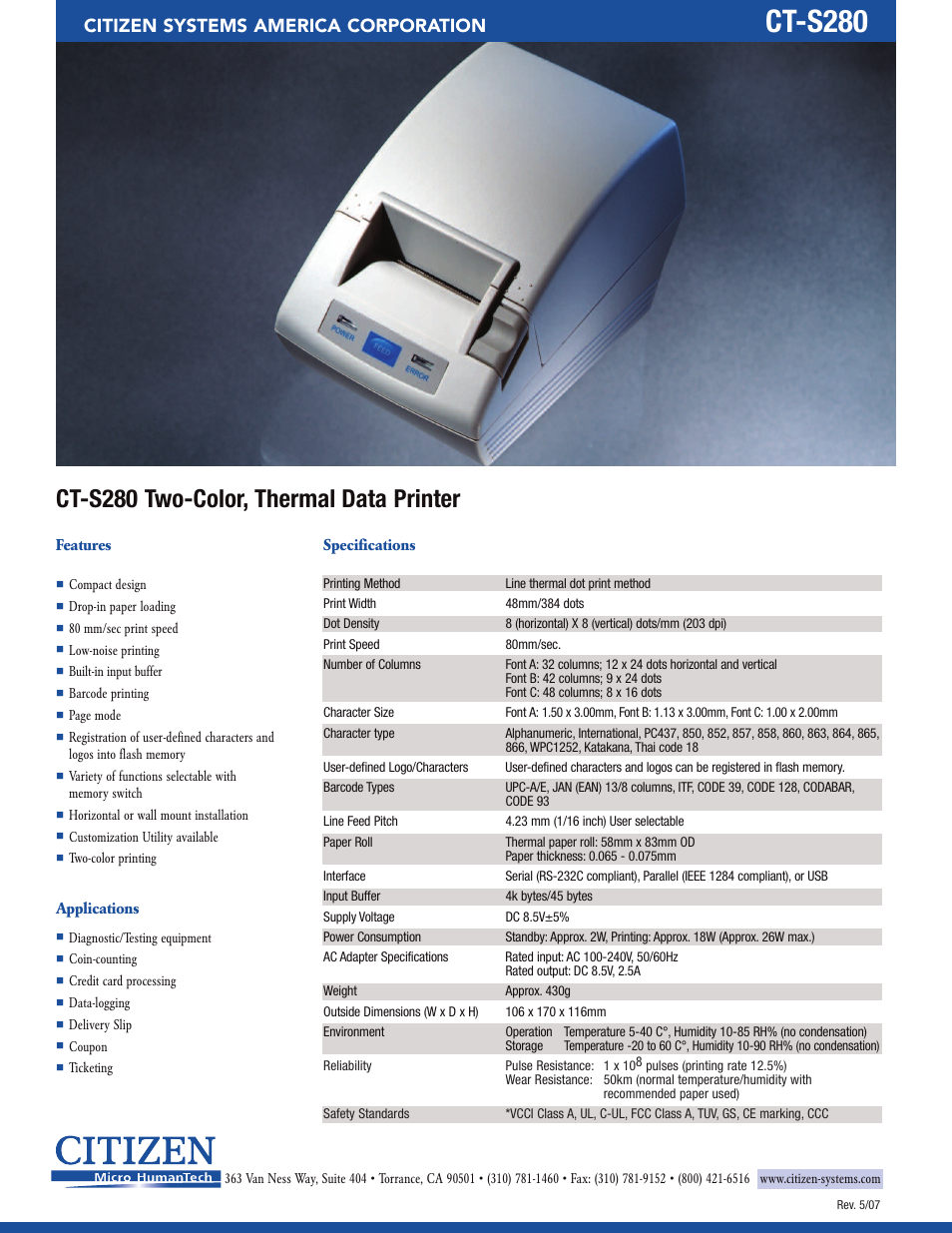 Ct-s280, Ct-s280 two-color, thermal data printer, Citizen systems america corporation | CITIZEN CT-S280 User Manual | Page 2 / 2