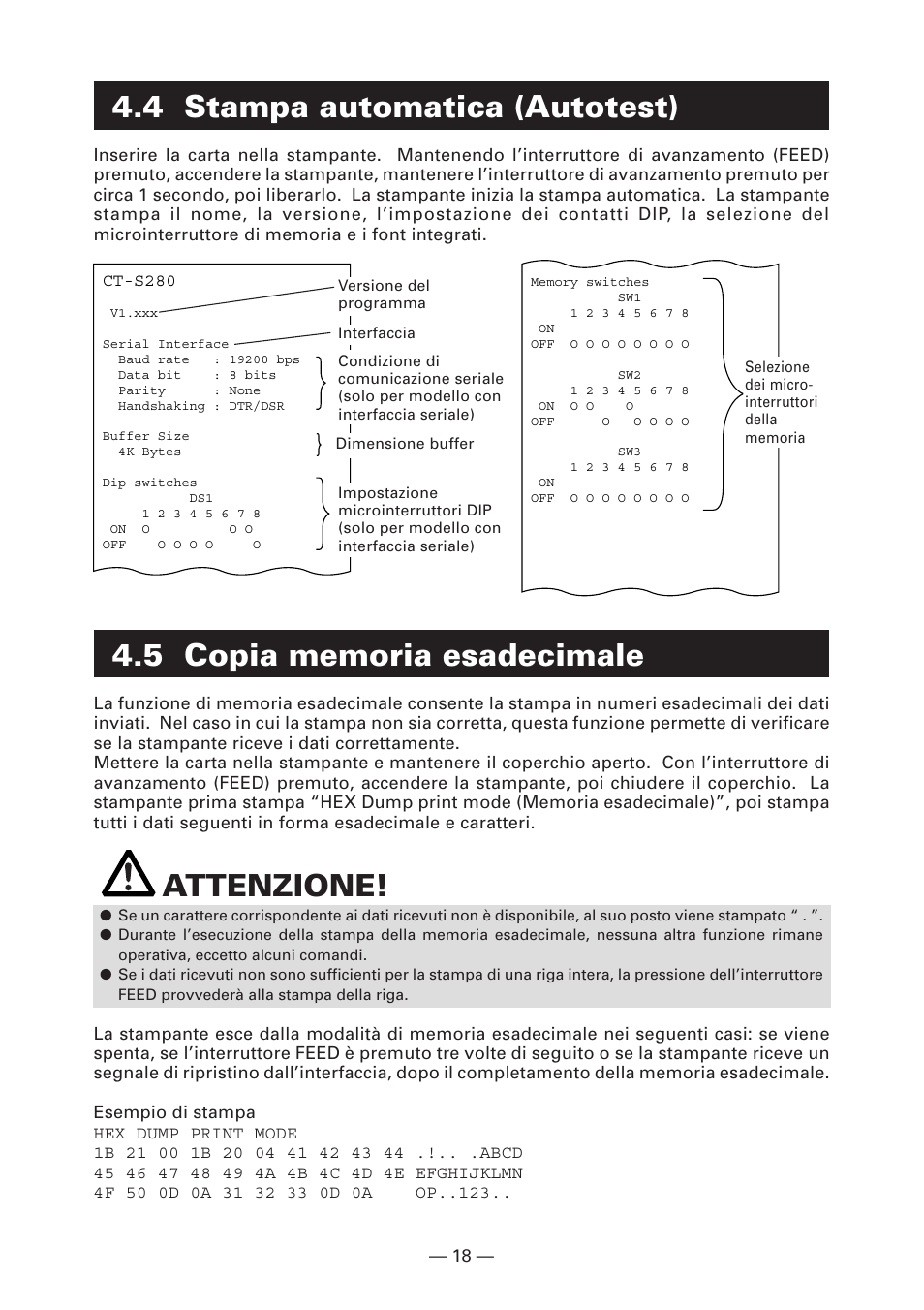 4 stampa automatica (autotest), 5 copia memoria esadecimale, Attenzione | Citizen Systems CT-S280 User Manual | Page 101 / 136