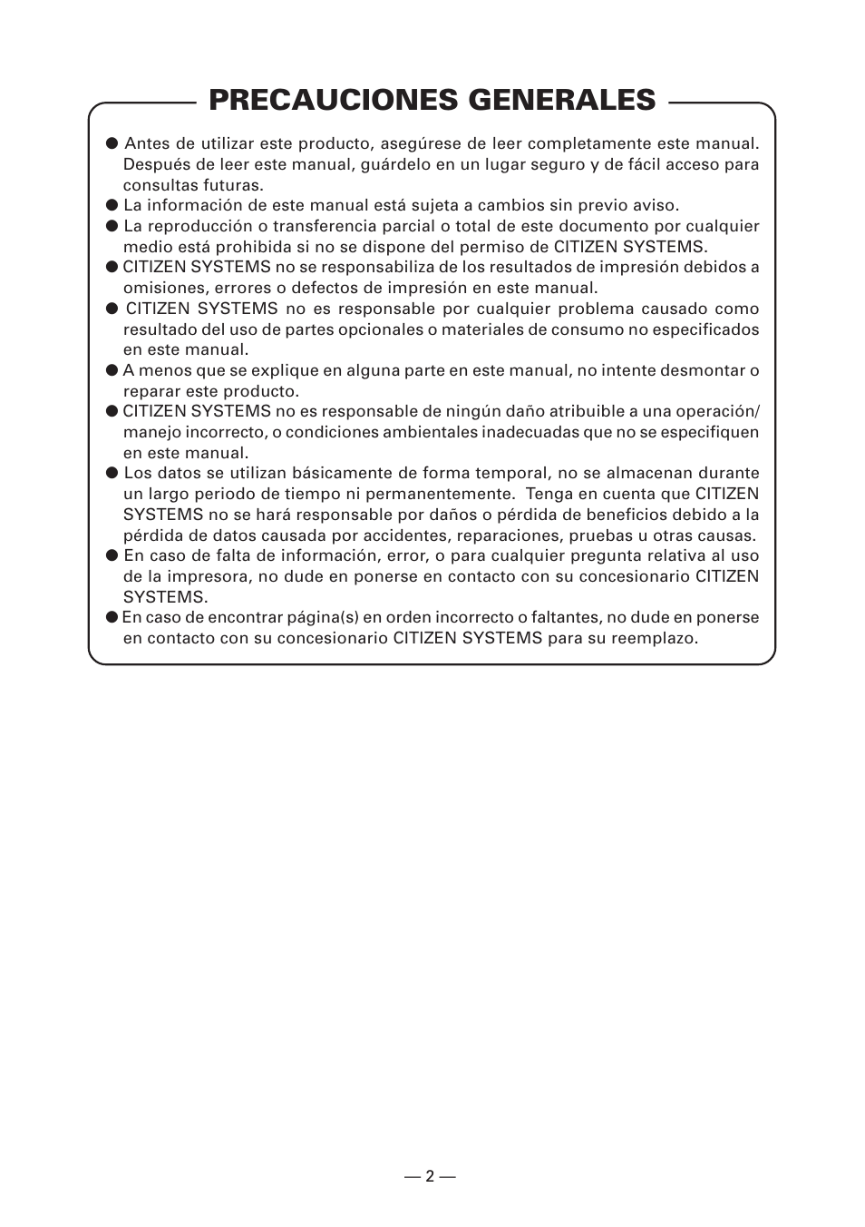 Precauciones generales | Citizen Systems CT-S280 User Manual | Page 111 / 136