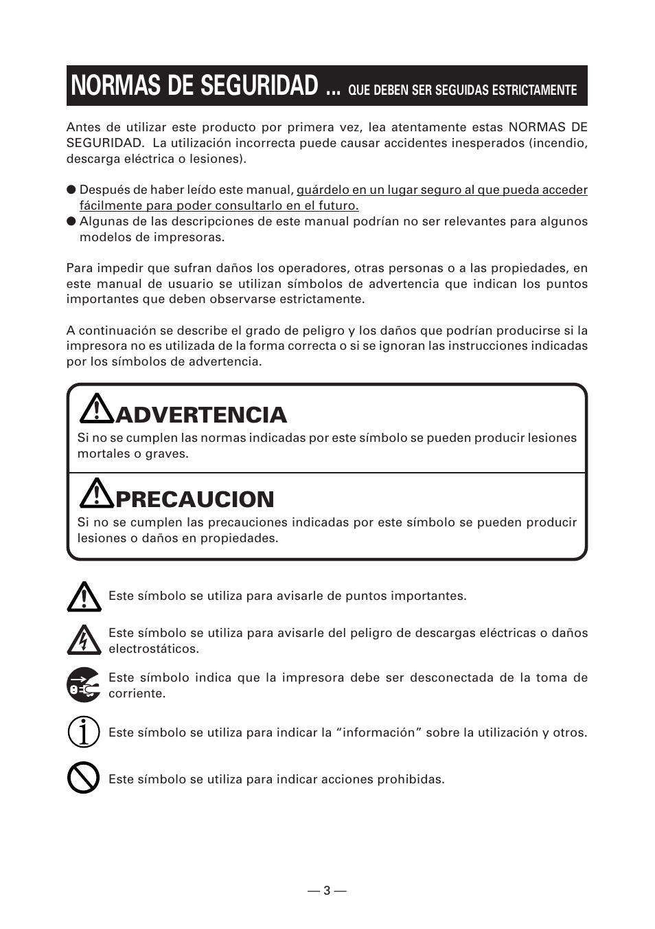 Normas de seguridad, Advertencia, Precaucion | Citizen Systems CT-S280 User Manual | Page 112 / 136