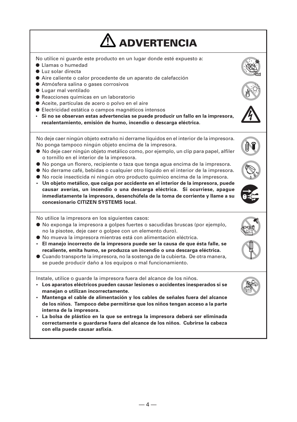 Advertencia | Citizen Systems CT-S280 User Manual | Page 113 / 136