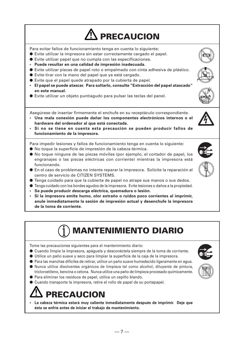 Precaucion, Precaucion mantenimiento diario | Citizen Systems CT-S280 User Manual | Page 116 / 136