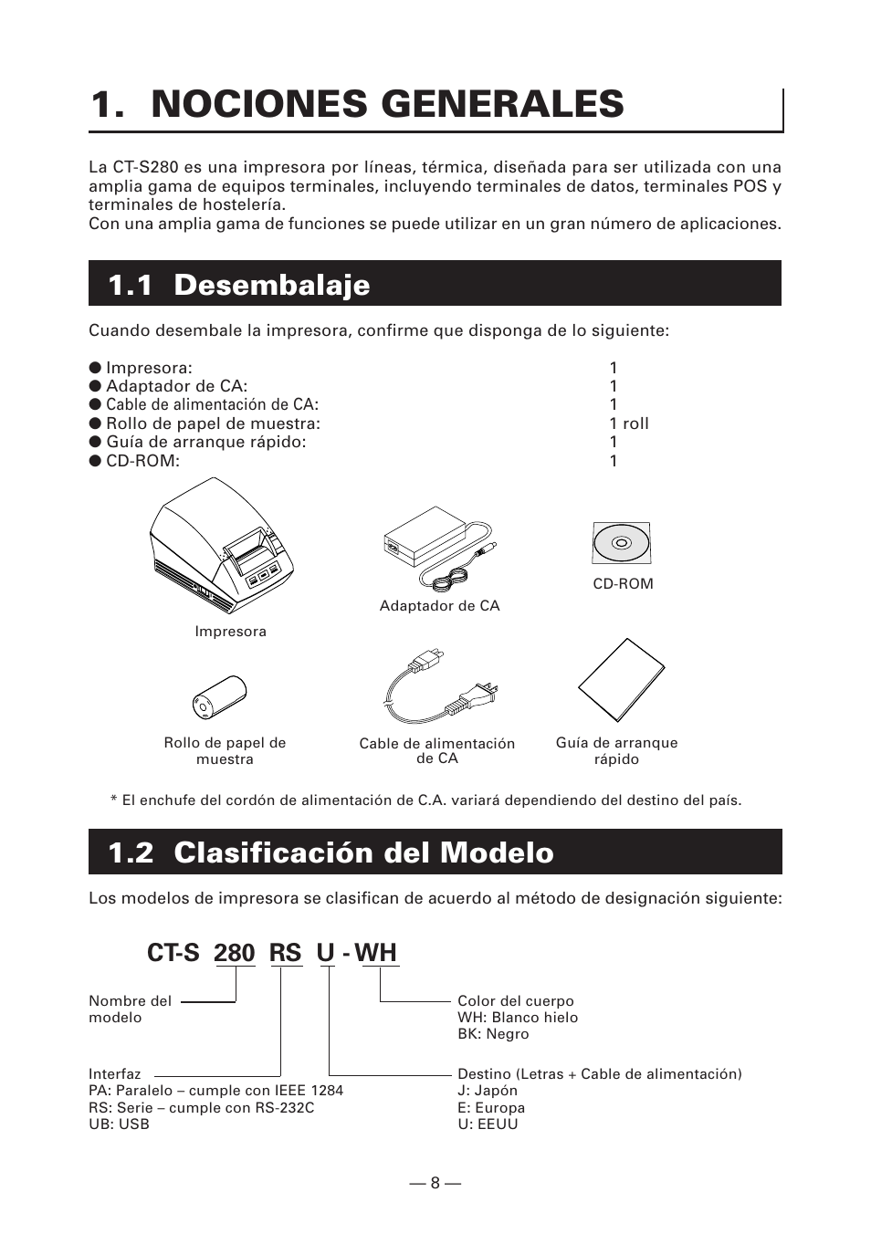 Nociones generales, 1 desembalaje, 2 clasificación del modelo | Ct-s 280 rs u - wh | Citizen Systems CT-S280 User Manual | Page 117 / 136