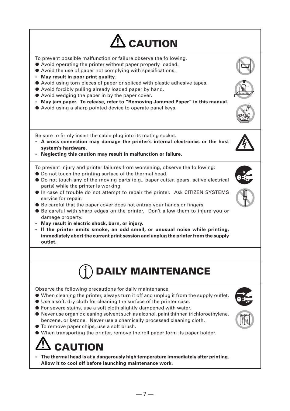 Caution, Daily maintenance | Citizen Systems CT-S280 User Manual | Page 12 / 136