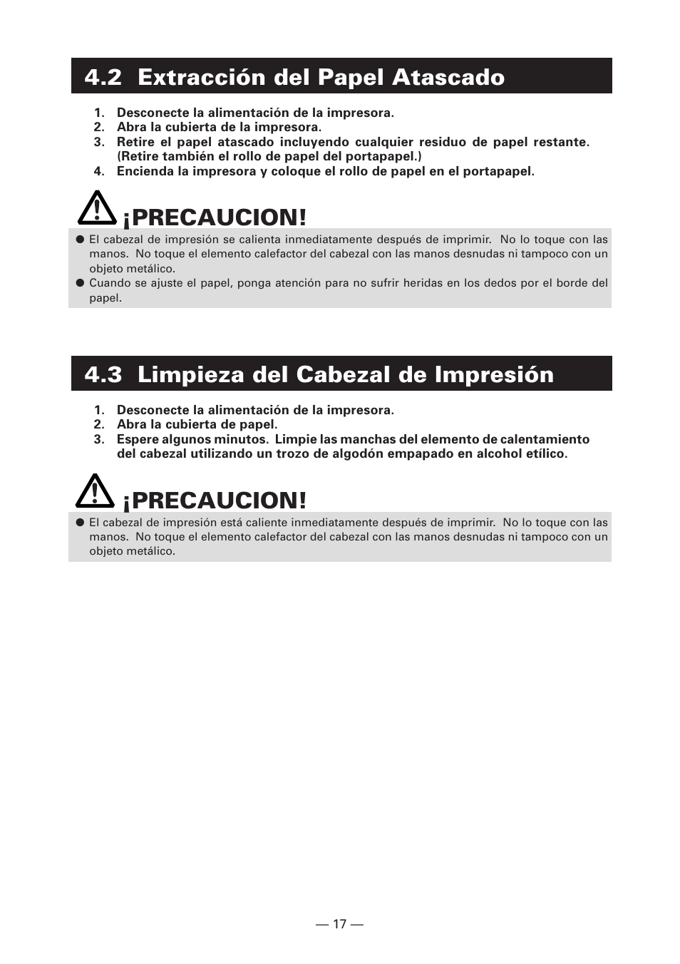 2 extracción del papel atascado, 3 limpieza del cabezal de impresión, Precaucion | Citizen Systems CT-S280 User Manual | Page 126 / 136