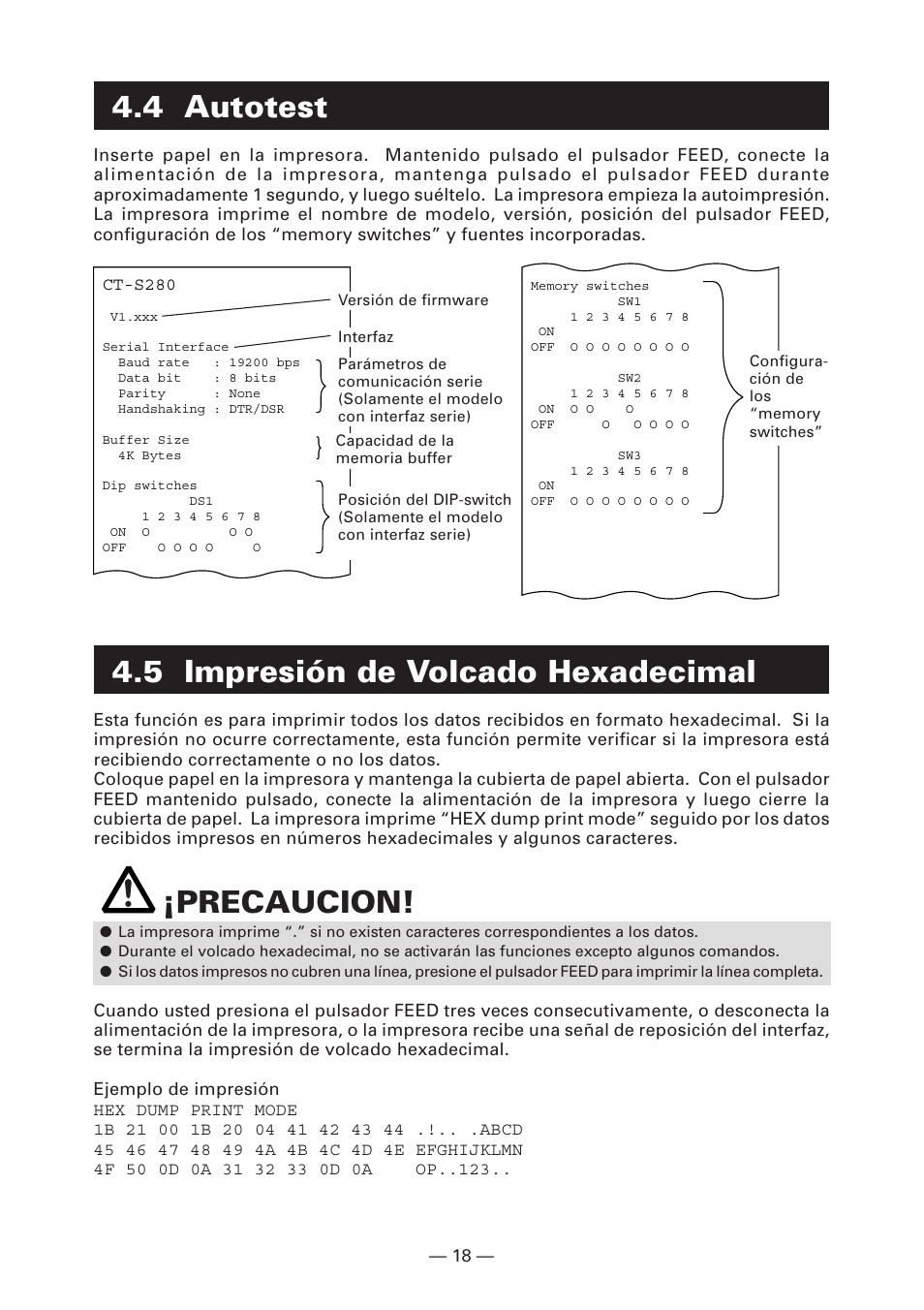 4 autotest, 5 impresión de volcado hexadecimal, Precaucion | Citizen Systems CT-S280 User Manual | Page 127 / 136