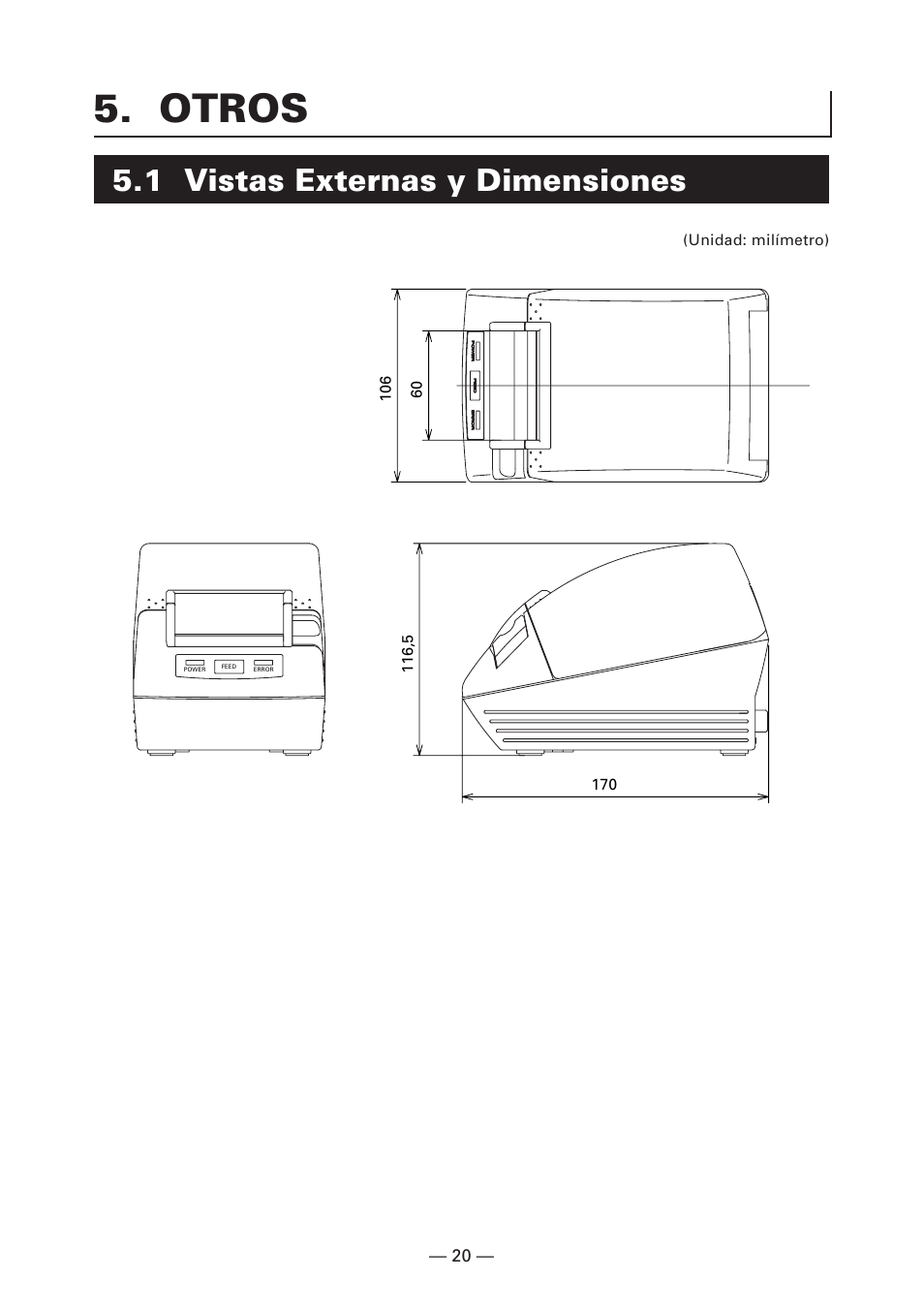 Otros, 1 vistas externas y dimensiones | Citizen Systems CT-S280 User Manual | Page 129 / 136