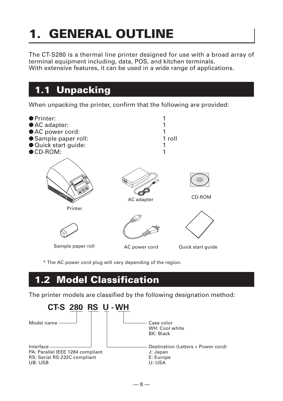 General outline, 1 unpacking, 2 model classification | Ct-s 280 rs u - wh | Citizen Systems CT-S280 User Manual | Page 13 / 136