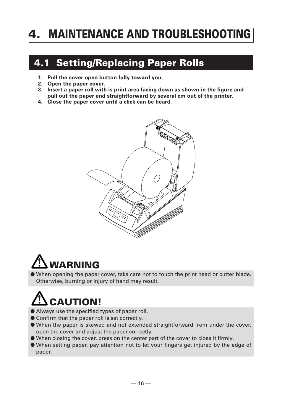 Maintenance and troubleshooting, 1 setting/replacing paper rolls, Warning | Caution | Citizen Systems CT-S280 User Manual | Page 21 / 136