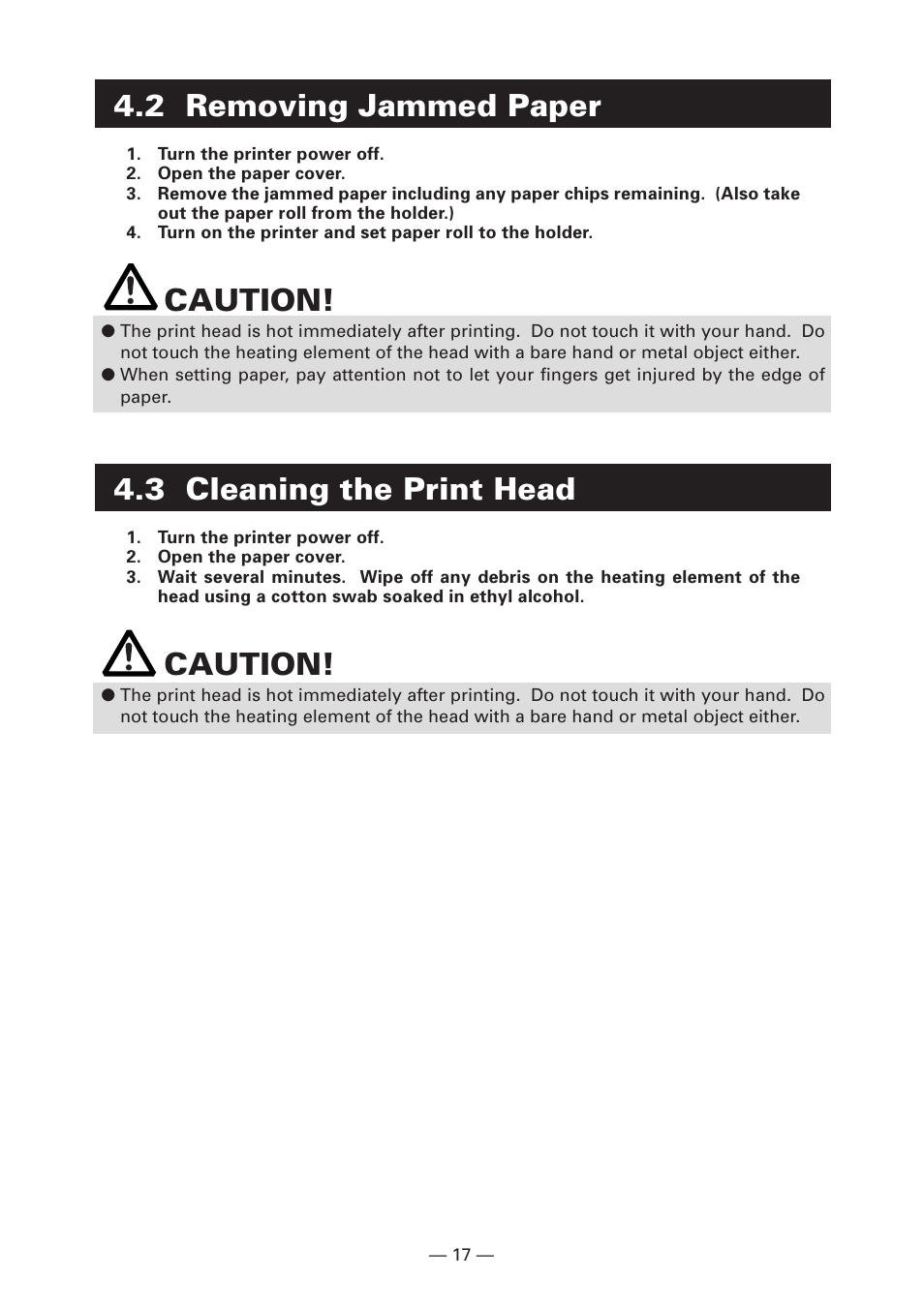 2 removing jammed paper, 3 cleaning the print head, Caution | Citizen Systems CT-S280 User Manual | Page 22 / 136