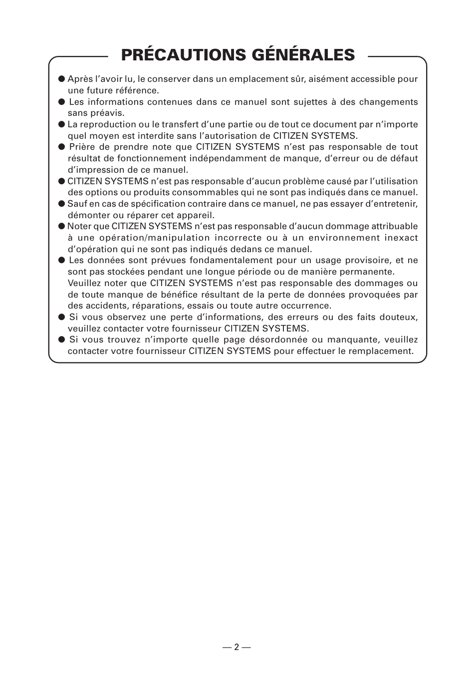 Précautions générales | Citizen Systems CT-S280 User Manual | Page 33 / 136