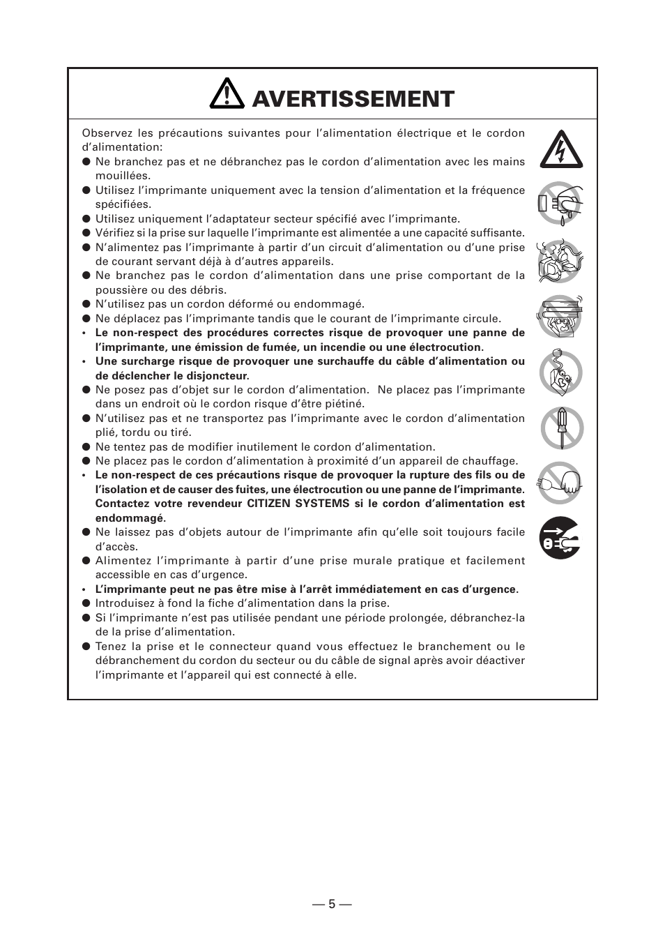 Avertissement | Citizen Systems CT-S280 User Manual | Page 36 / 136