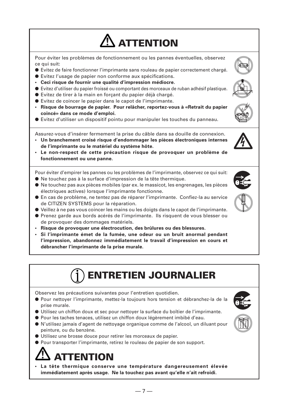Attention, Attention entretien journalier | Citizen Systems CT-S280 User Manual | Page 38 / 136