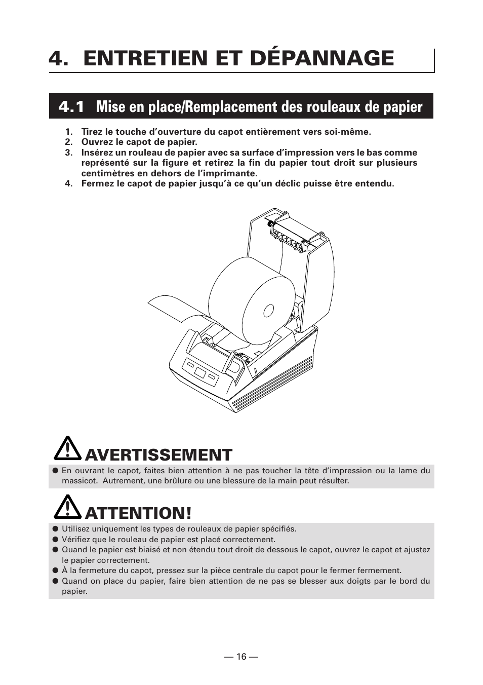 Entretien et dépannage, Avertissement, Attention | Citizen Systems CT-S280 User Manual | Page 47 / 136