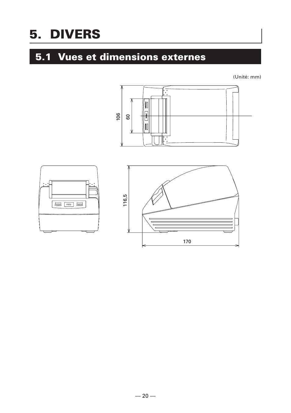 Divers, 1 vues et dimensions externes | Citizen Systems CT-S280 User Manual | Page 51 / 136