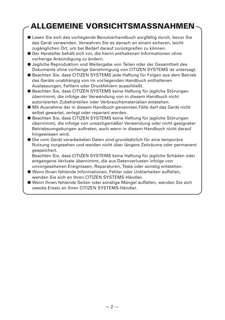 Allgemeine vorsichtsmassnahmen | Citizen Systems CT-S280 User Manual | Page 59 / 136