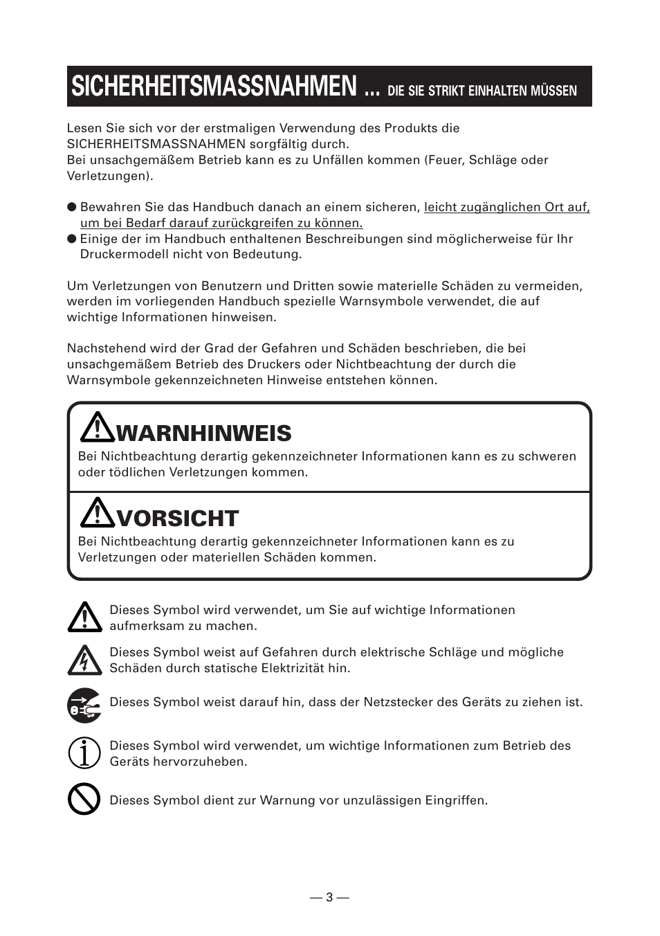 Sicherheitsmassnahmen, Warnhinweis, Vorsicht | Citizen Systems CT-S280 User Manual | Page 60 / 136