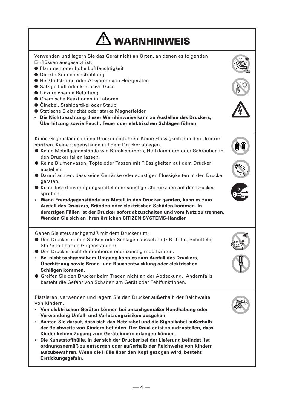 Warnhinweis | Citizen Systems CT-S280 User Manual | Page 61 / 136