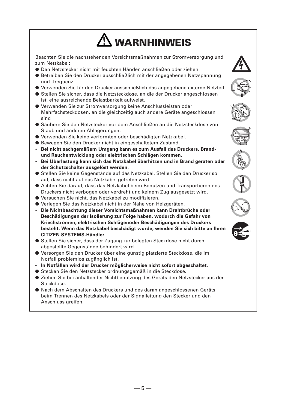 Warnhinweis | Citizen Systems CT-S280 User Manual | Page 62 / 136