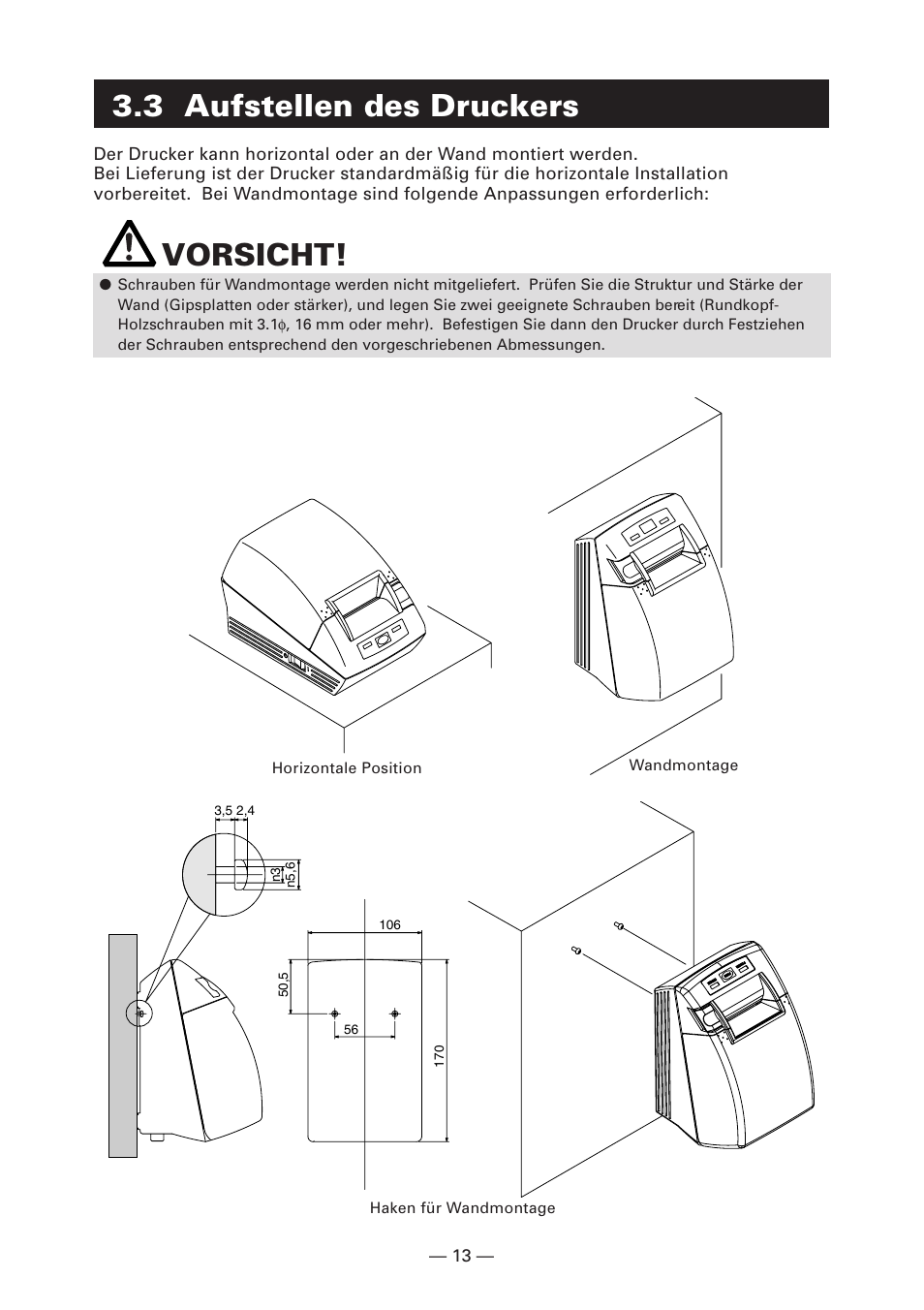 3 aufstellen des druckers, Vorsicht | Citizen Systems CT-S280 User Manual | Page 70 / 136