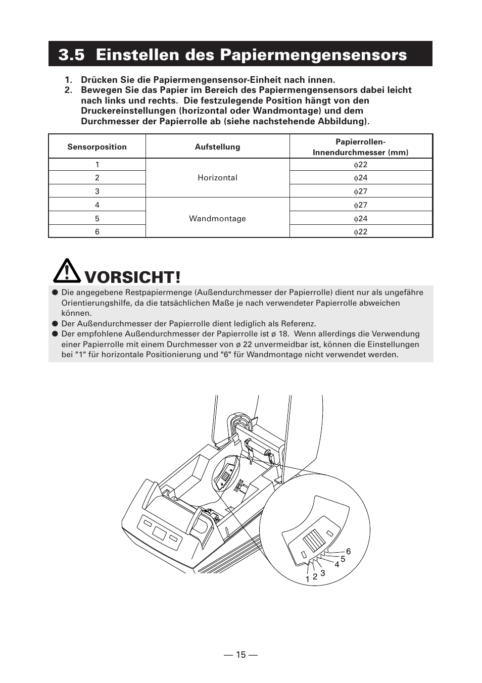 5 einstellen des papiermengensensors, Vorsicht | Citizen Systems CT-S280 User Manual | Page 72 / 136