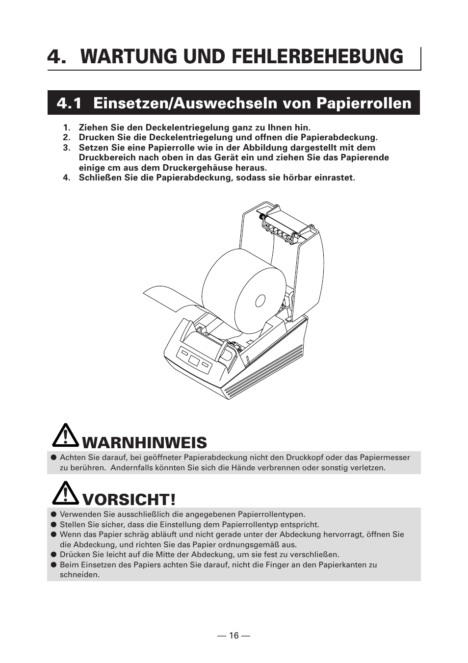 Wartung und fehlerbehebung, 1 einsetzen/auswechseln von papierrollen, Warnhinweis | Vorsicht | Citizen Systems CT-S280 User Manual | Page 73 / 136