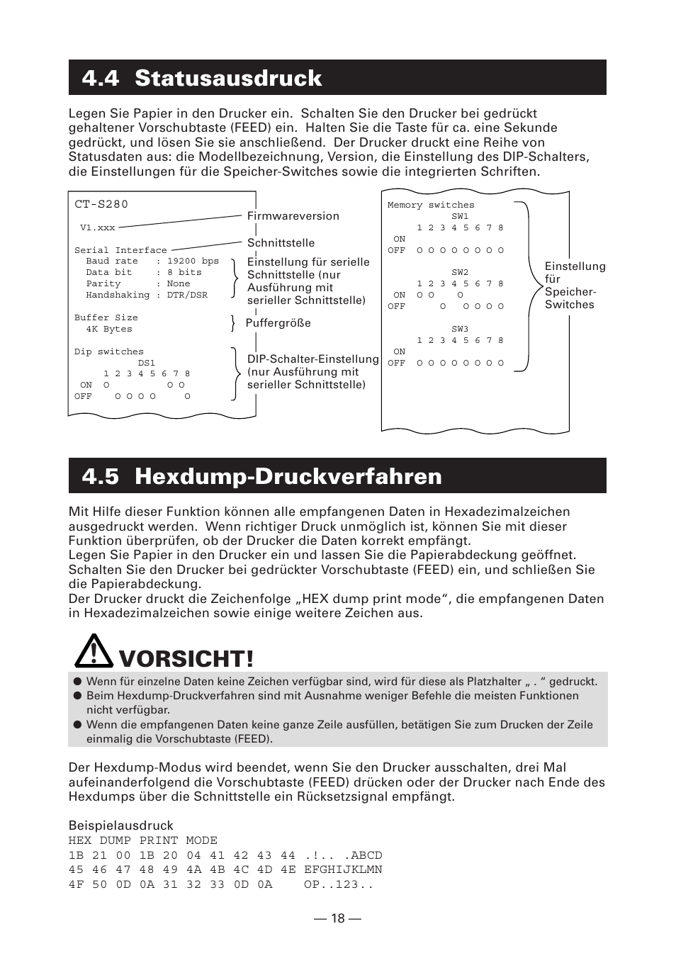 4 statusausdruck, 5 hexdump-druckverfahren, Vorsicht | Citizen Systems CT-S280 User Manual | Page 75 / 136