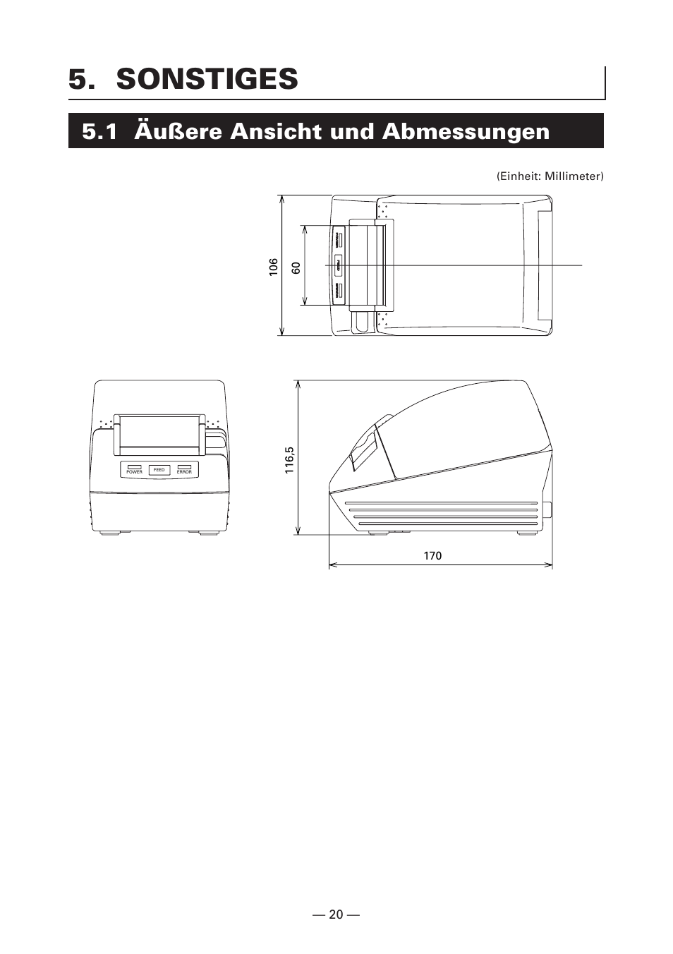 Sonstiges, 1 äußere ansicht und abmessungen | Citizen Systems CT-S280 User Manual | Page 77 / 136