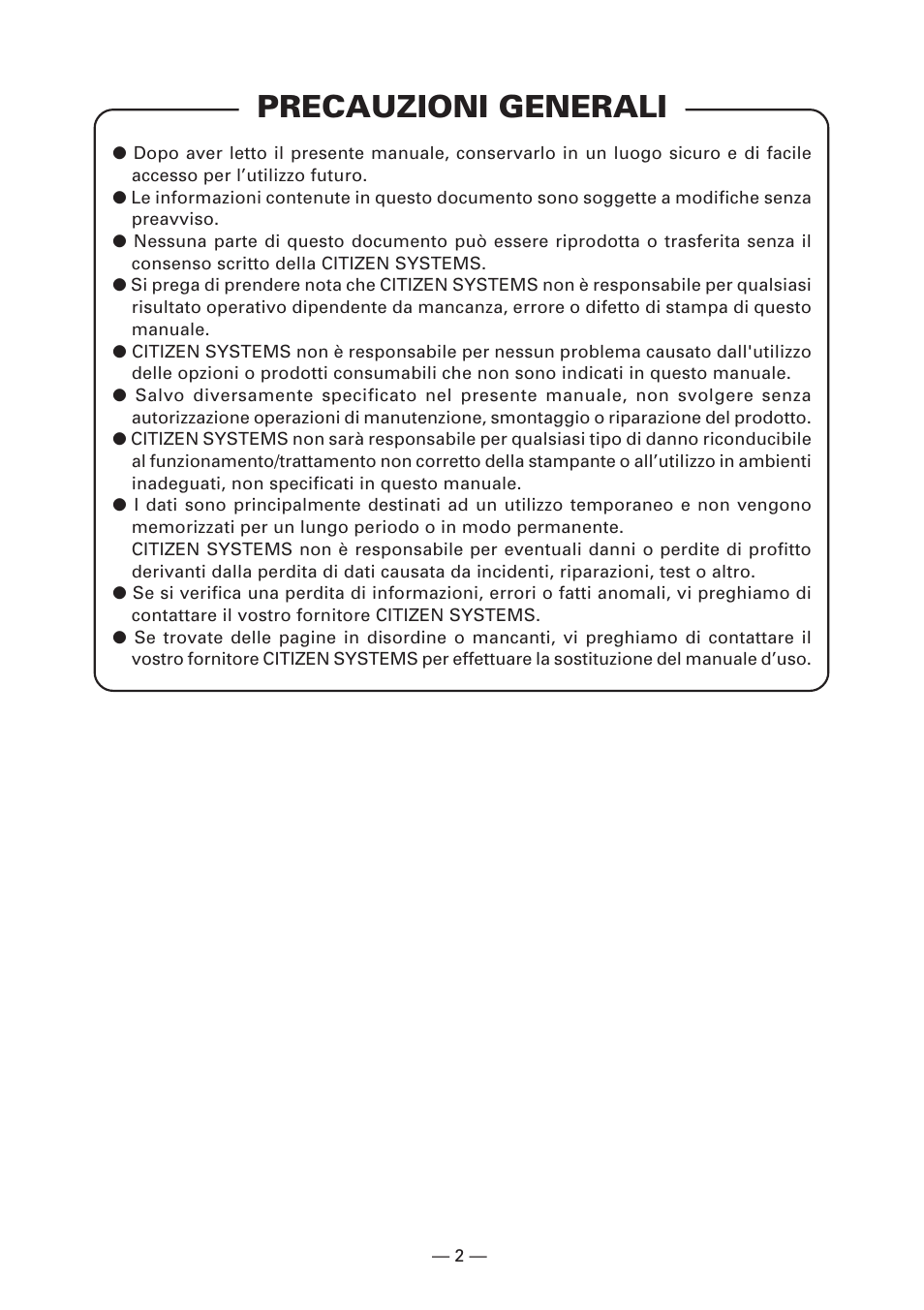 Precauzioni generali | Citizen Systems CT-S280 User Manual | Page 85 / 136