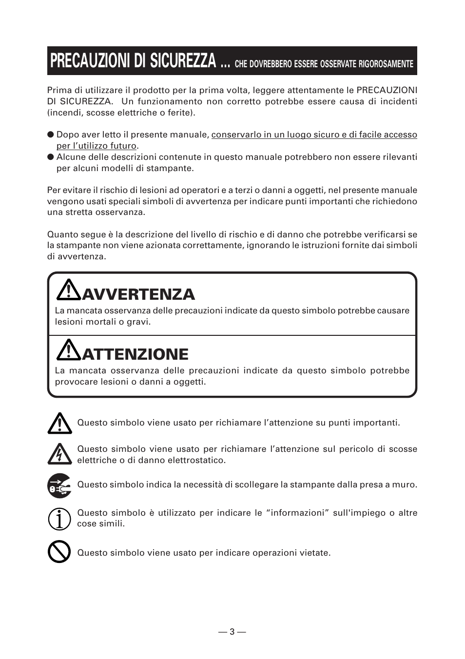 Precauzioni di sicurezza, Avvertenza, Attenzione | Citizen Systems CT-S280 User Manual | Page 86 / 136