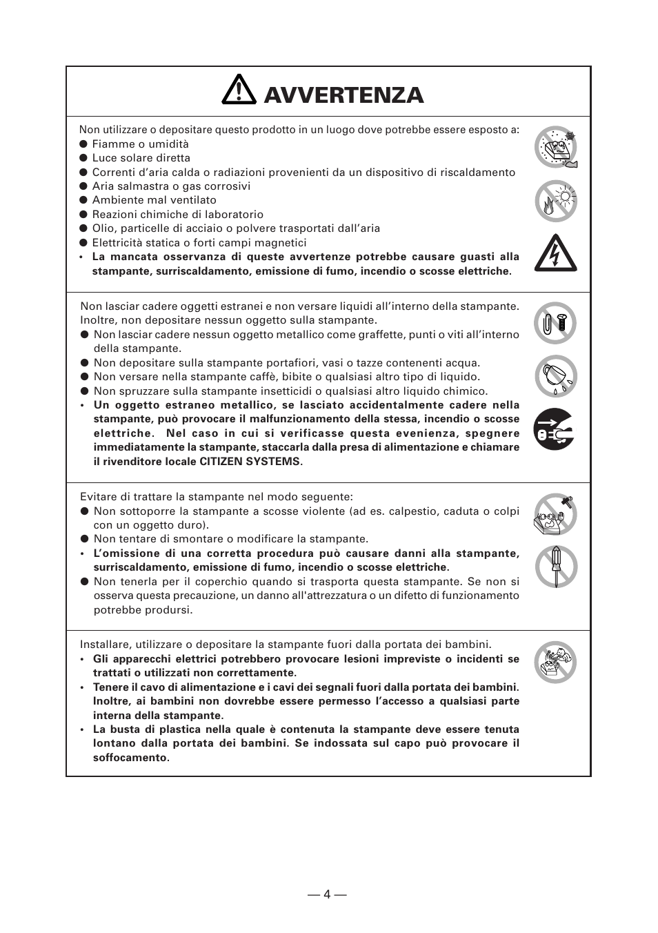 Avvertenza | Citizen Systems CT-S280 User Manual | Page 87 / 136