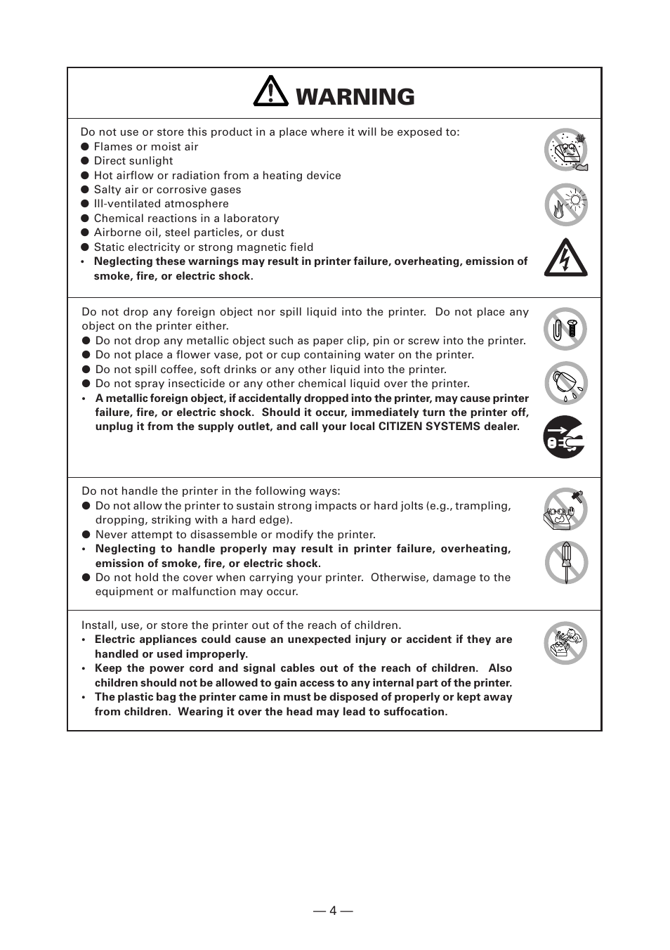 Warning | Citizen Systems CT-S280 User Manual | Page 9 / 136