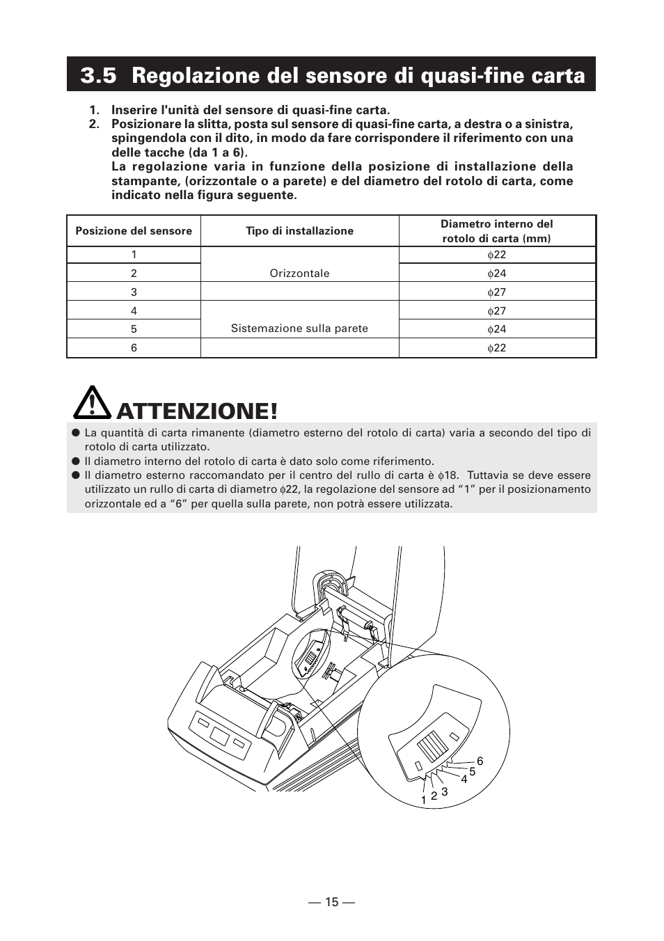 5 regolazione del sensore di quasi-fine carta, Attenzione | Citizen Systems CT-S280 User Manual | Page 98 / 136