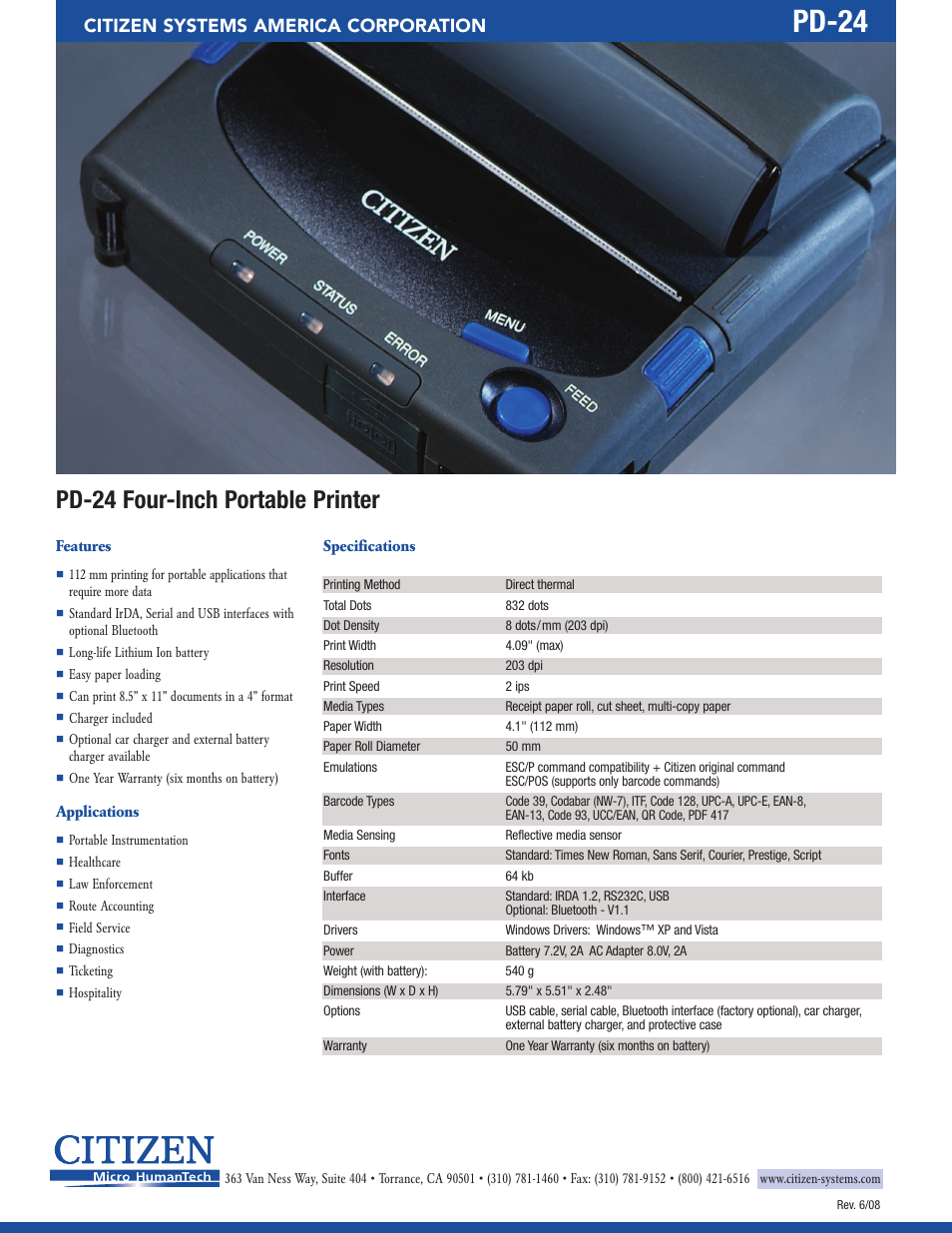 Pd-24, Pd-24 four-inch portable printer, Citizen systems america corporation | CITIZEN PD-24 User Manual | Page 2 / 2