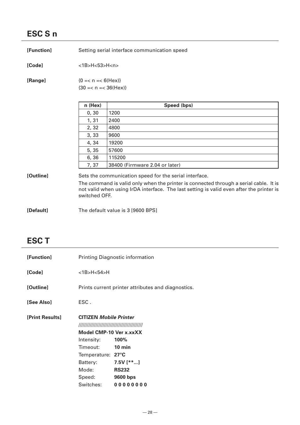 Esc s n, Esc t | Citizen Systems Model CMP-10 User Manual | Page 30 / 80