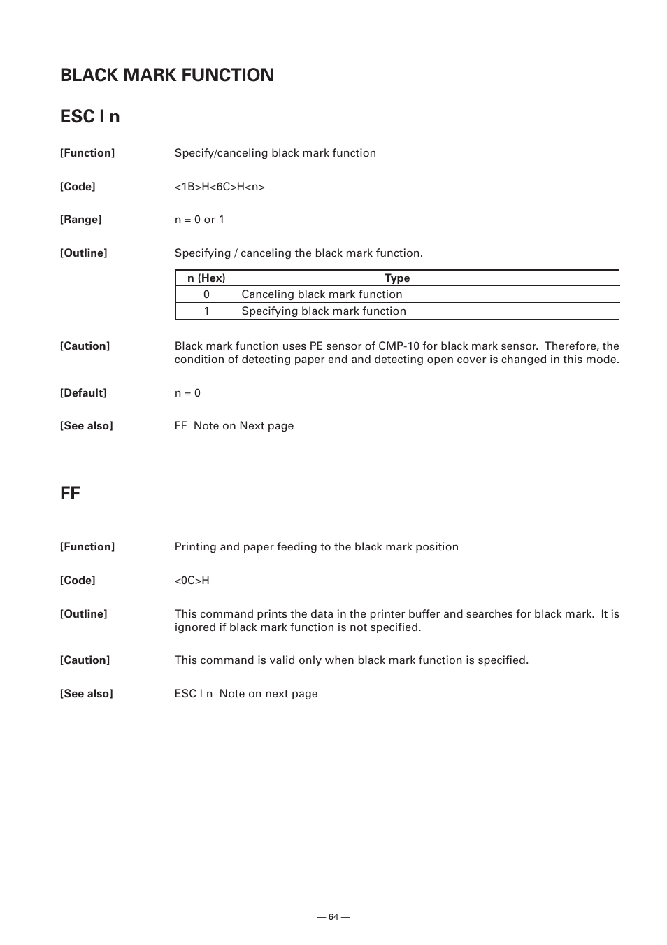 Black mark function esc l n | Citizen Systems Model CMP-10 User Manual | Page 66 / 80