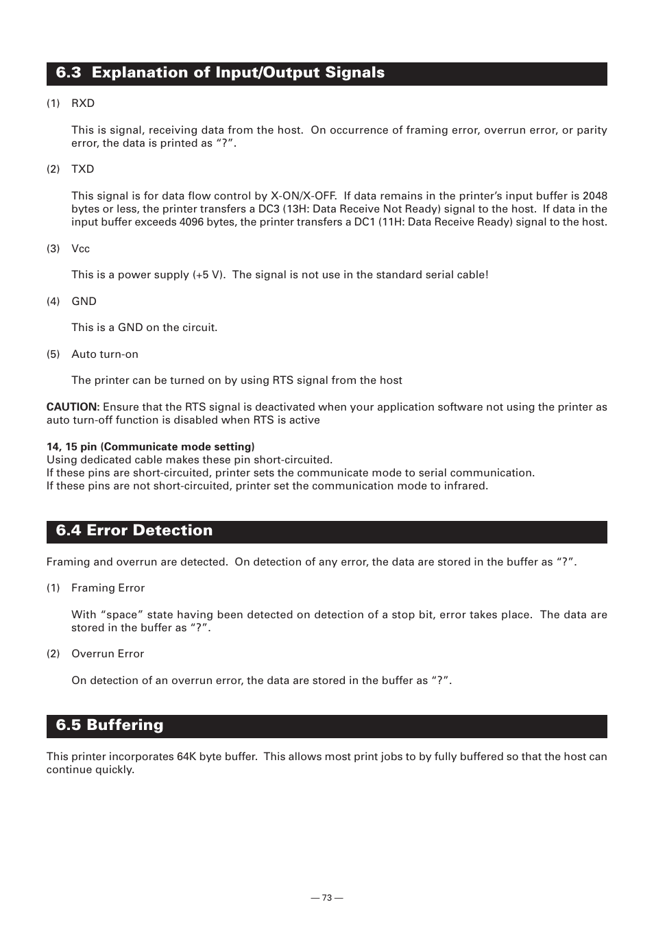 3 explanation of input/output signals, 4 error detection, 5 buffering | Citizen Systems Model CMP-10 User Manual | Page 75 / 80