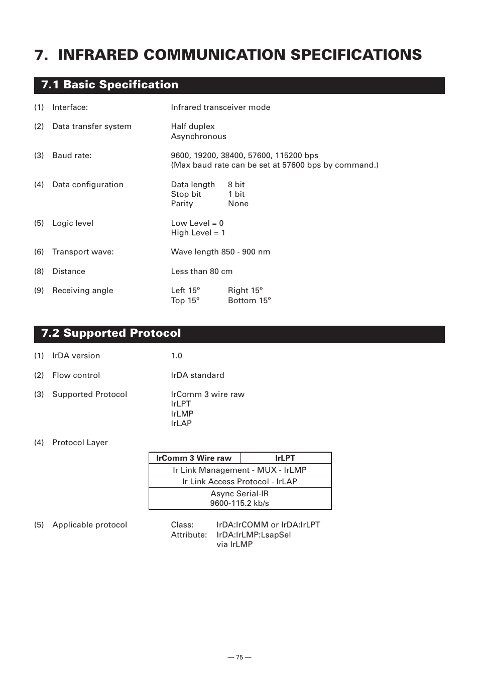 Infrared communication specifications, 1 basic specification, 2 supported protocol | Citizen Systems Model CMP-10 User Manual | Page 77 / 80