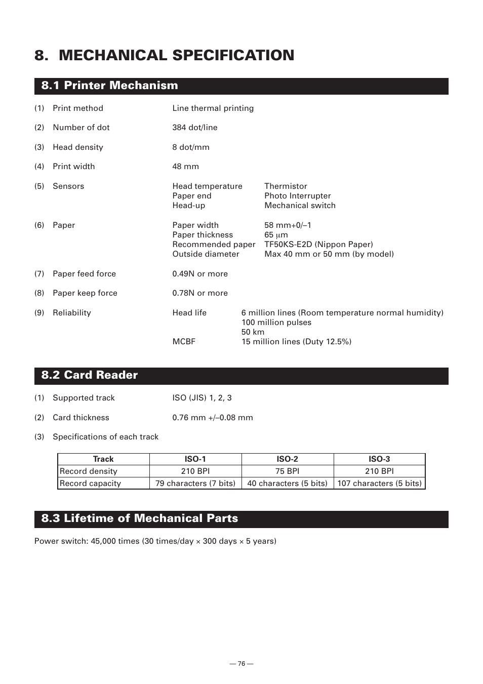 Mechanical specification, 1 printer mechanism, 2 card reader | 3 lifetime of mechanical parts | Citizen Systems Model CMP-10 User Manual | Page 78 / 80