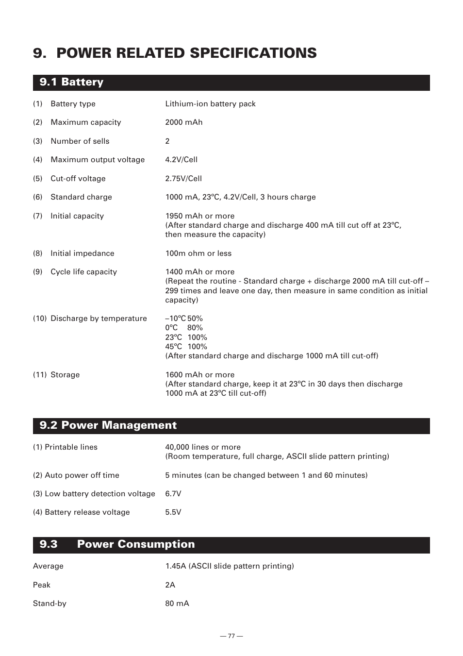 Power related specifications, 1 battery, 2 power management | 3 power consumption | Citizen Systems Model CMP-10 User Manual | Page 79 / 80