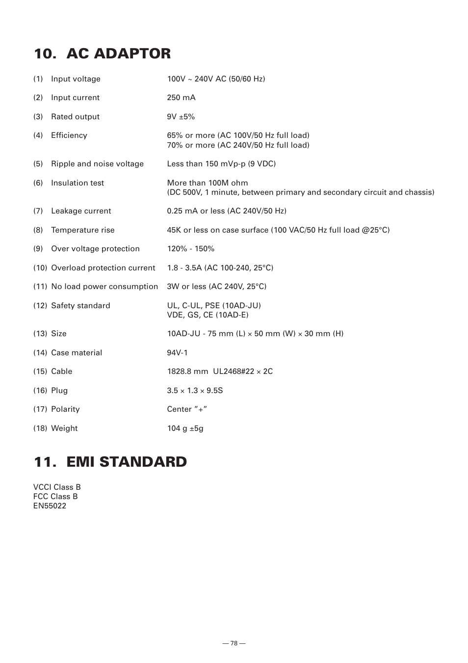 Ac adaptor, Emi standard | Citizen Systems Model CMP-10 User Manual | Page 80 / 80