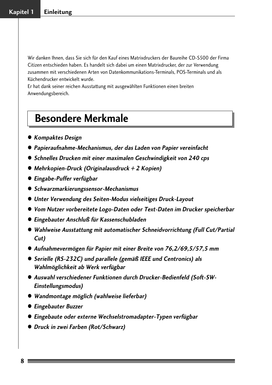 Kapitel 1, Besondere merkmale, Kapitel 1 einleitung | Citizen Systems Citizen CD-S500 User Manual | Page 102 / 220