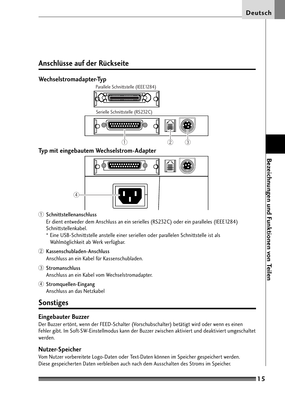 Anschlüsse auf der rückseite, Sonstiges, Anschlüsse auf der rückseite (siehe seite 15) | Citizen Systems Citizen CD-S500 User Manual | Page 109 / 220