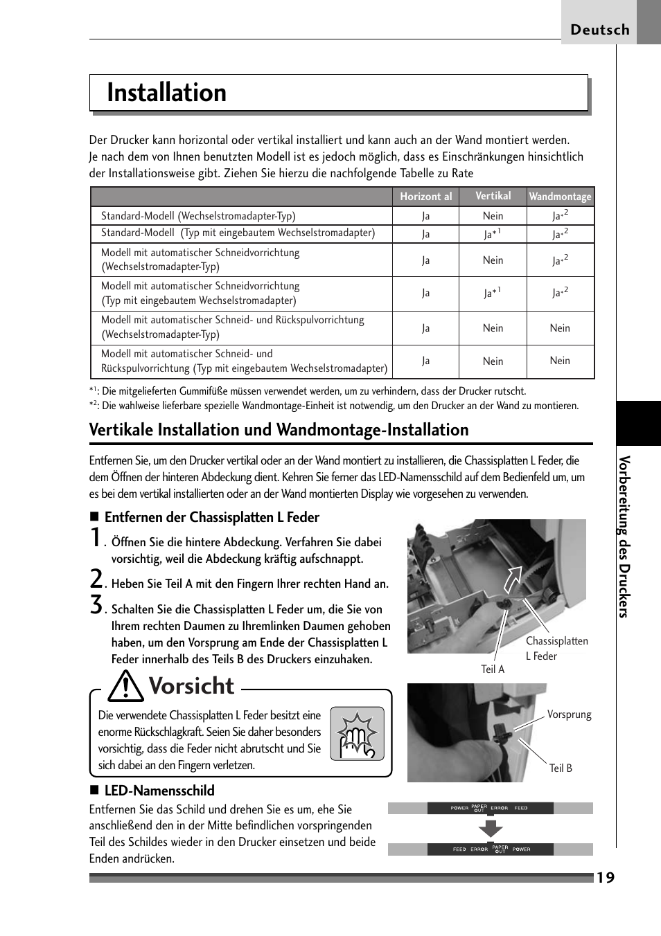 Installation, Vorsicht, 19 deutsch | V orber eitung de s druck er s, Entfernen der chassisplatten l feder, Led-namensschild | Citizen Systems Citizen CD-S500 User Manual | Page 113 / 220