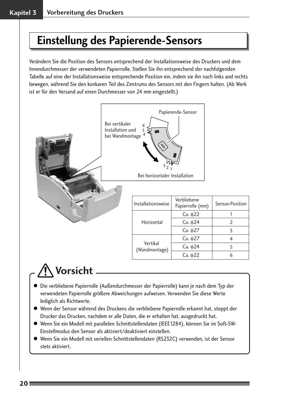 Einstellung des papierende-sensors, Vorsicht, 20 kapitel 3 vorbereitung des druckers | Citizen Systems Citizen CD-S500 User Manual | Page 114 / 220