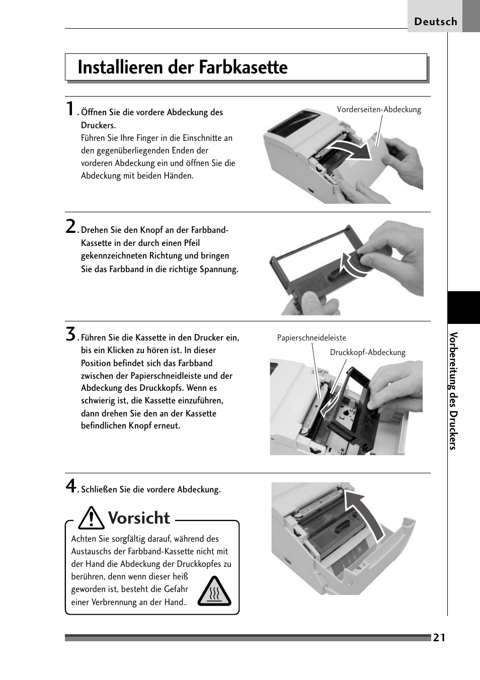 Installieren der farbkasette, Installieren der farbkassette, Installieren der farbkasette 1 | Vorsicht | Citizen Systems Citizen CD-S500 User Manual | Page 115 / 220