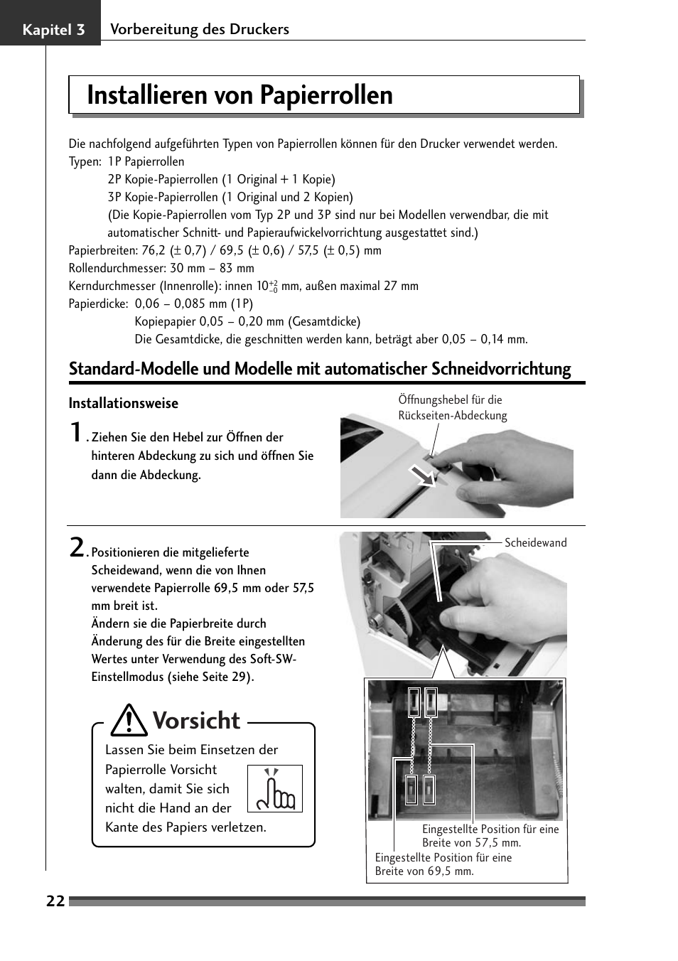 Installieren von papierrollen, Vorsicht | Citizen Systems Citizen CD-S500 User Manual | Page 116 / 220